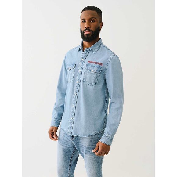 TRUE RELIGION DENIM PEARL SNAP LIGHT BLISSFUL HS CHAMBRAY LS SHIRT Sz M - Picture 1 of 6